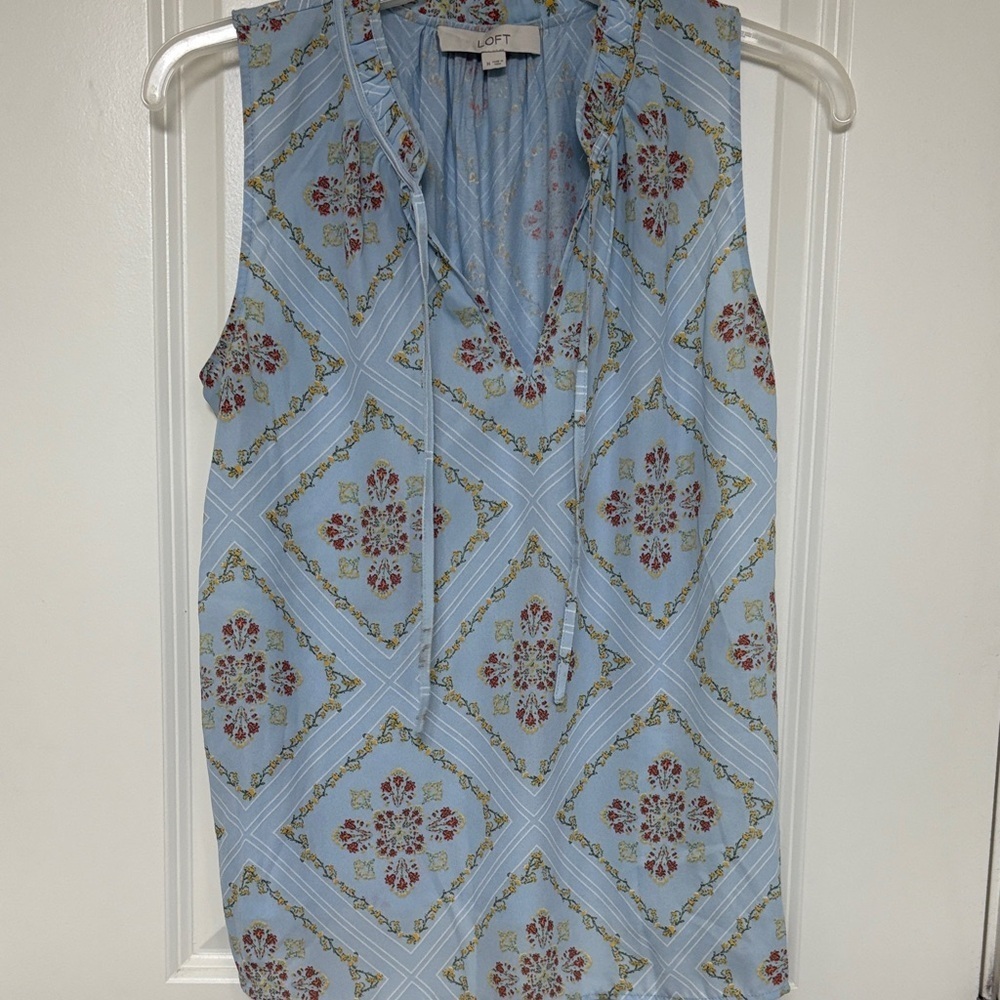 LOFT Sky Blue Sleeveless Blouse with Floral Pattern